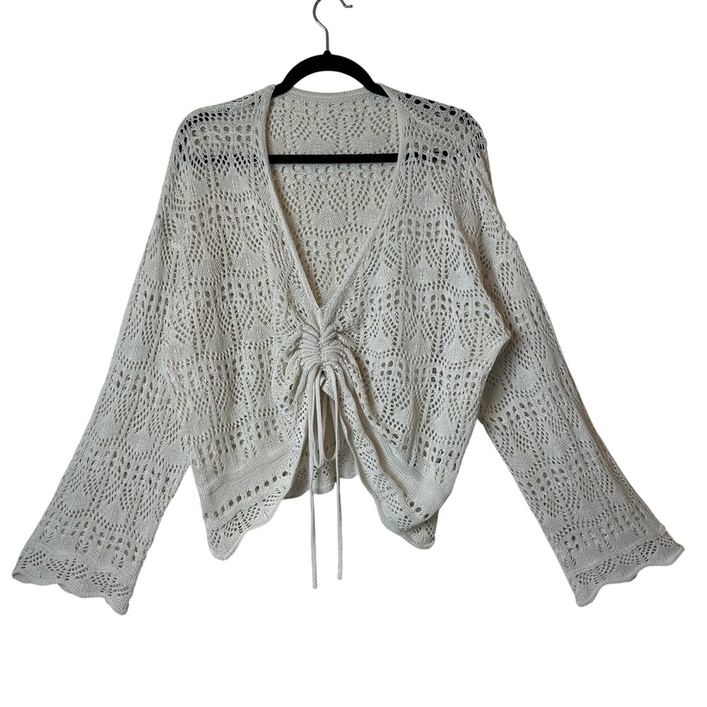 Cream Crochet Knit Cardigan Drawstring Front Bell Sleeve Boho Fairy Women XL 2X